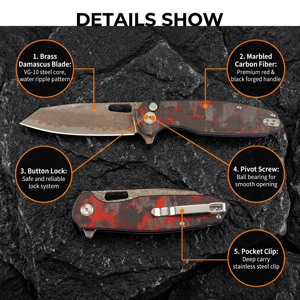 Tunafire GT-T0044-4 Bronze Damascus Folding Knife VG10 Core 60HRC Button Lock Carbon Fiber Handle EDC