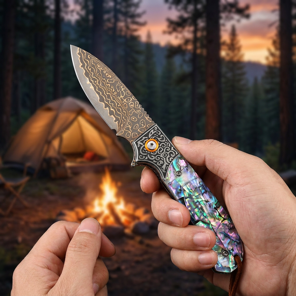 Tunafire GT-DM044 3.35" VG10 Bronze Damascus Folding Knife Abalone Shell Handle Ball Bearing EDC Knife