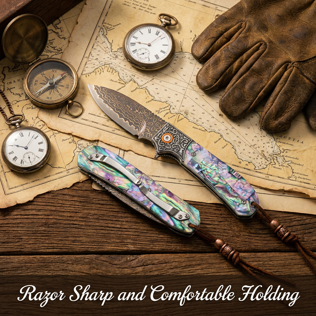 Tunafire GT-DM044 3.35" VG10 Bronze Damascus Folding Knife Abalone Shell Handle Ball Bearing EDC Knife