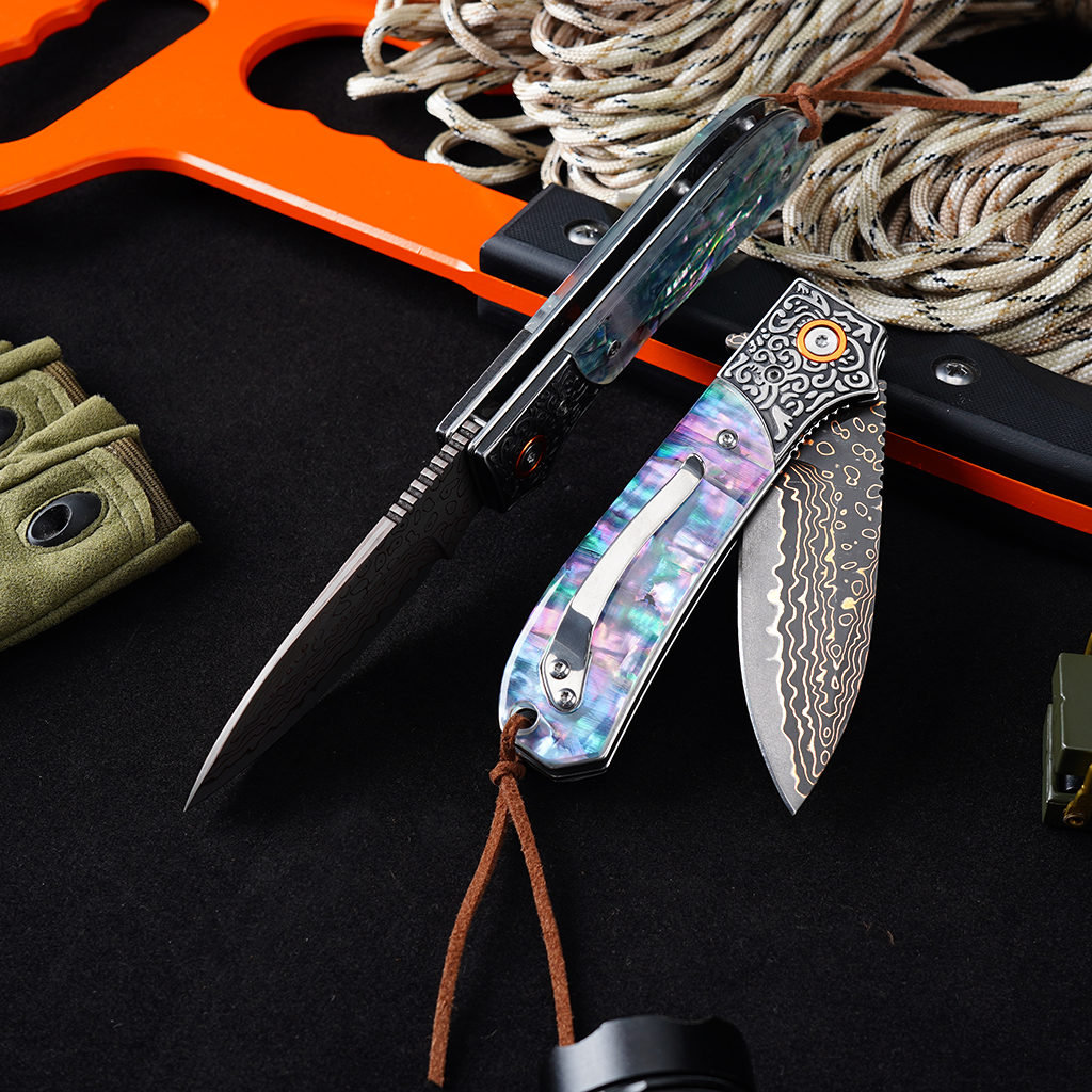 Tunafire GT-DM044 3.35" VG10 Bronze Damascus Folding Knife Abalone Shell Handle Ball Bearing EDC Knife