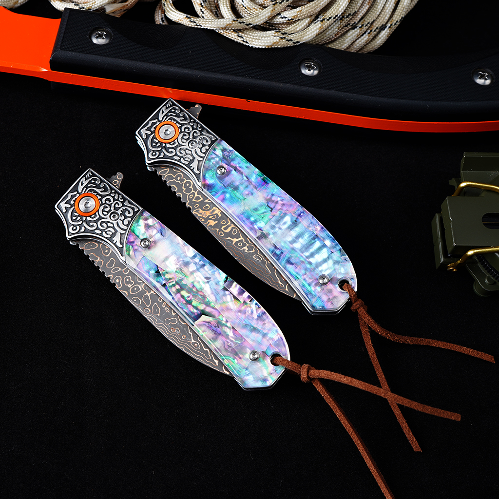 Tunafire GT-DM044 3.35" VG10 Bronze Damascus Folding Knife Abalone Shell Handle Ball Bearing EDC Knife