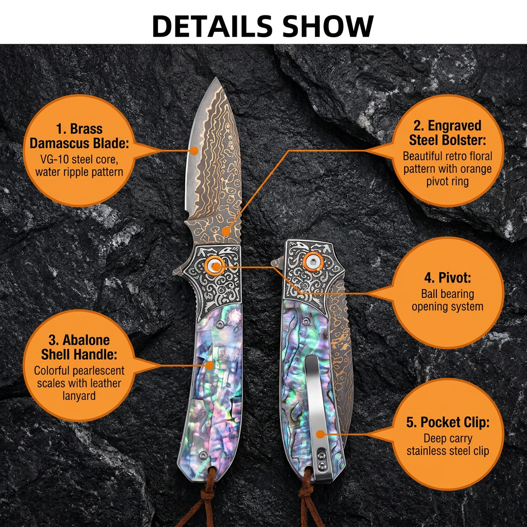 Tunafire GT-DM044 3.35" VG10 Bronze Damascus Folding Knife Abalone Shell Handle Ball Bearing EDC Knife