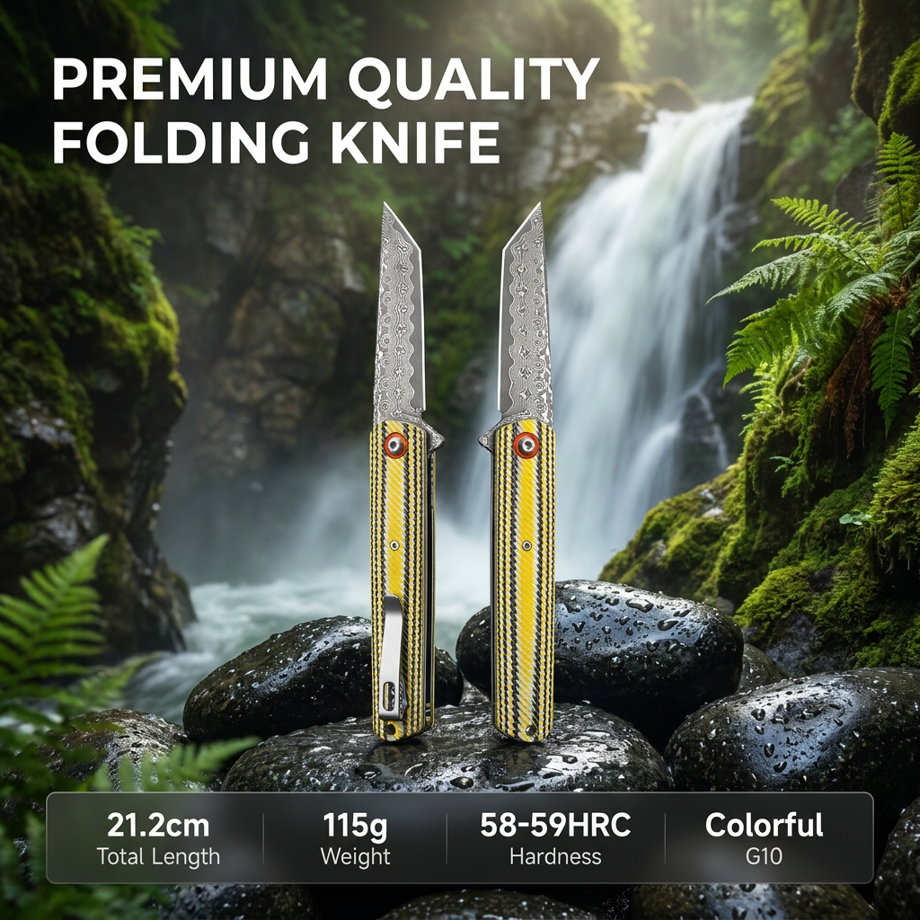 Tunafire GT-DM031 76 Layers Damascus Folding Knife VG-10 Steel Core colorful G10 Handle EDC Pocket Knife