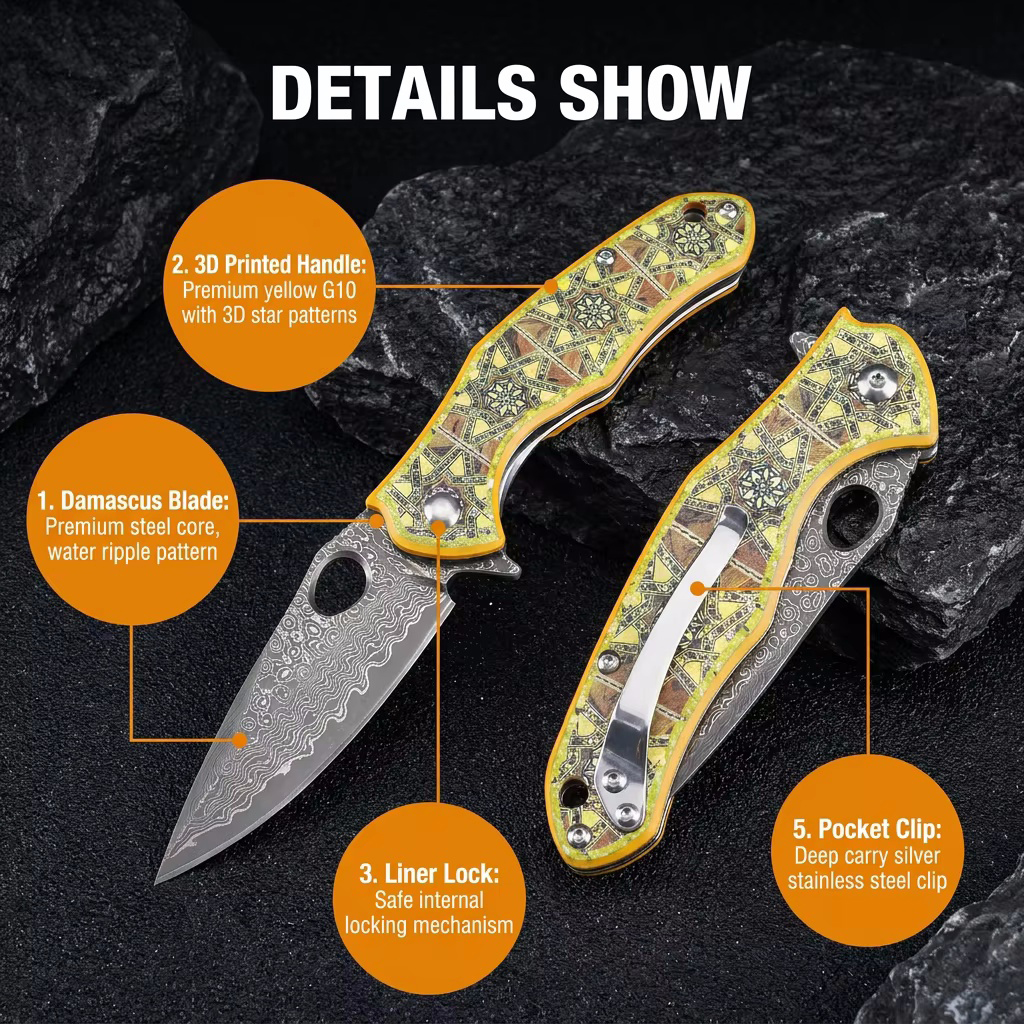 Tunafire Knives GT-DM034 Flipper Folding Knife 3.11" Damascus Steel blade 3D printed aluminum handle Camping Hiking Knife