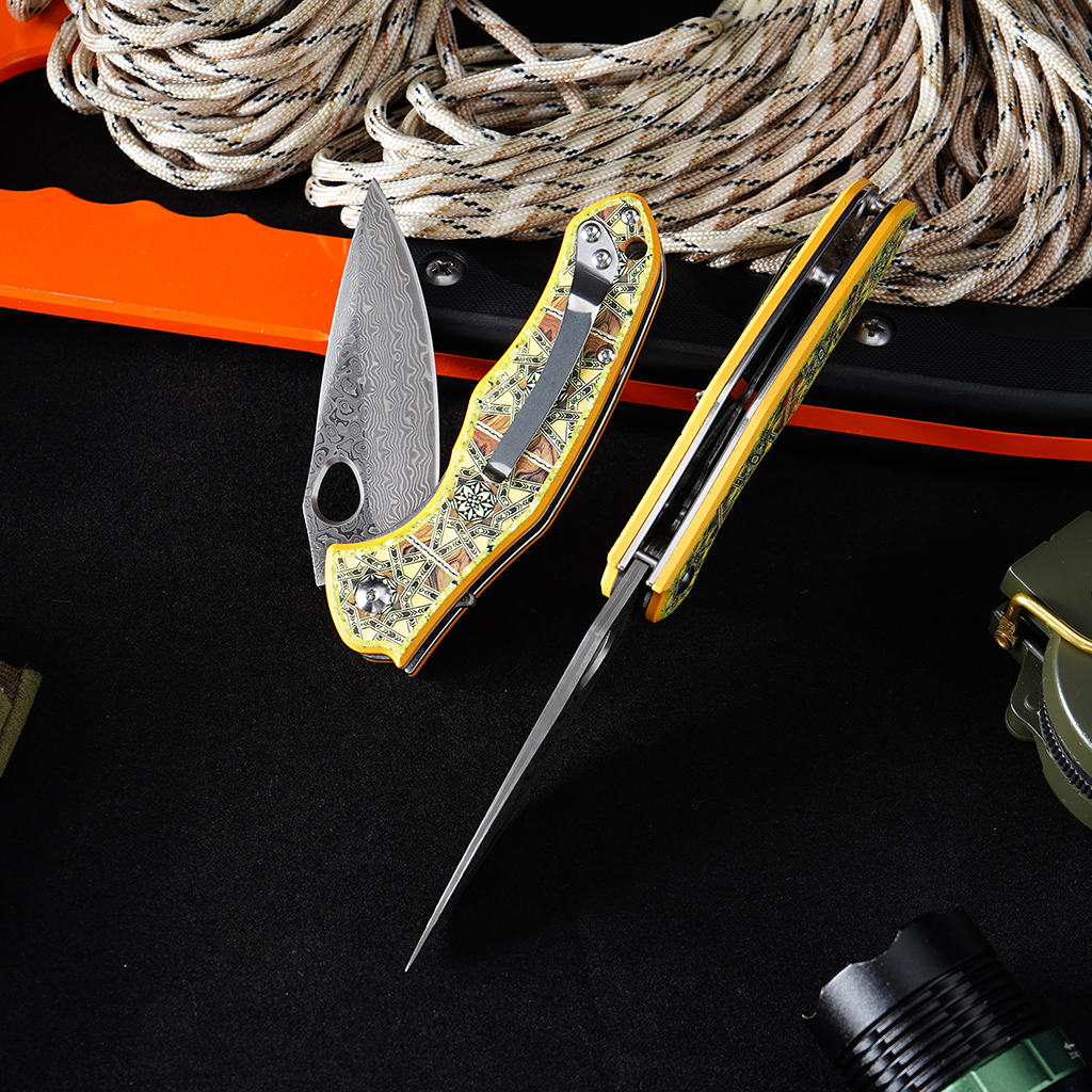 Tunafire Knives GT-DM034 Flipper Folding Knife 3.11" Damascus Steel blade 3D printed aluminum handle Camping Hiking Knife