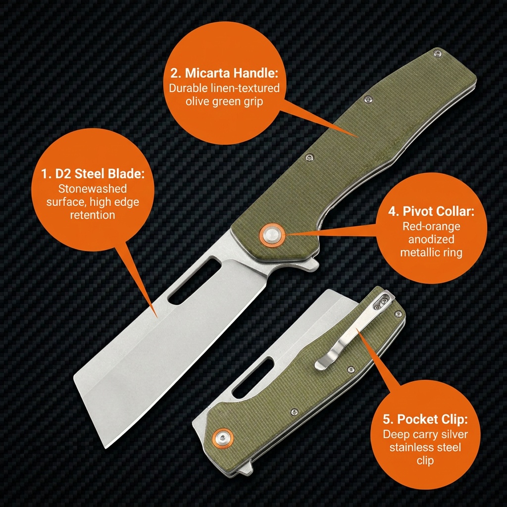 Tunafire Knife GT955 Flipper Folding Knife 3.5" D2 Stone washing Blade Micarta Handle Tactical Survival Pocket Knife