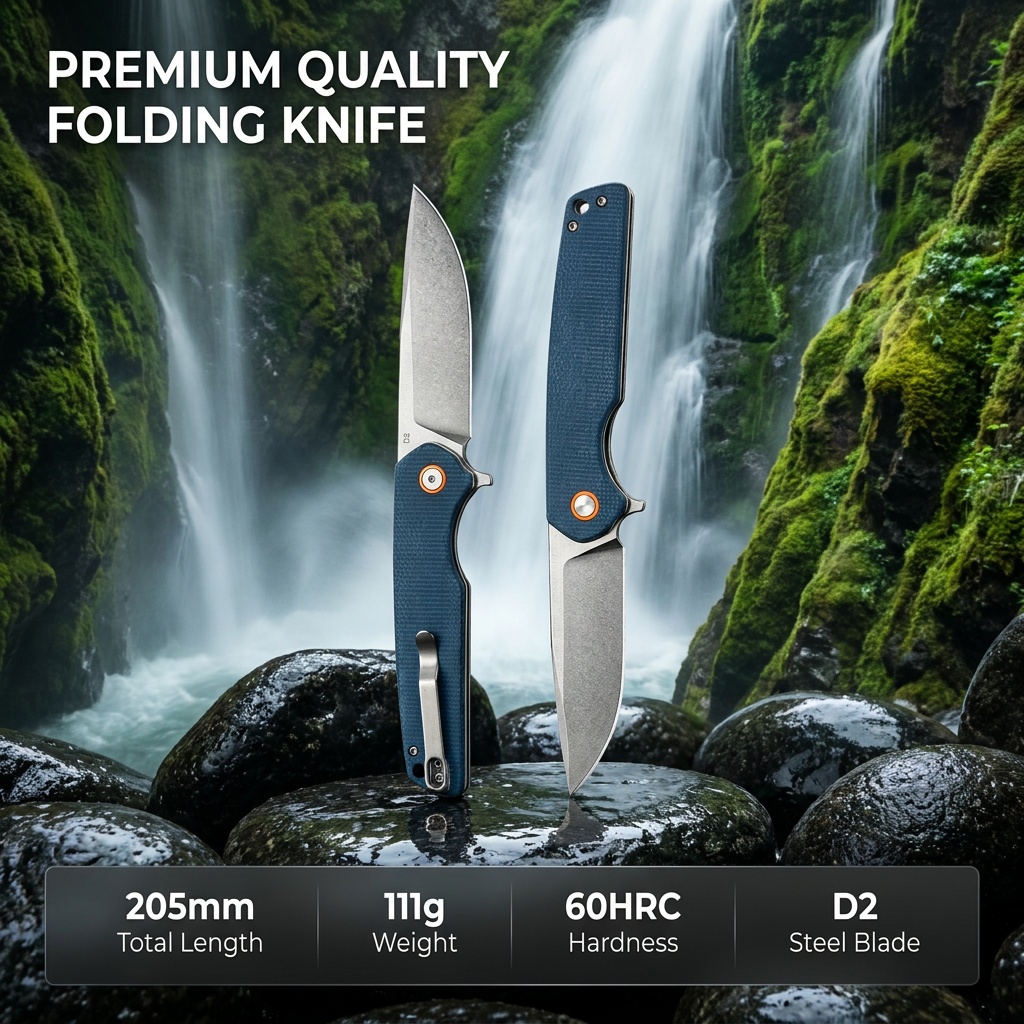 Tunafire Knives GT961 3.54"D2 Steel Folding Knife | Blue Micarta Handle EDC Pocket Knife Outdoor Camping Hiking Cutter Tool