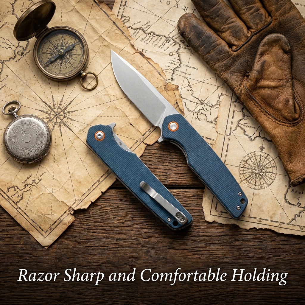 Tunafire Knives GT961 3.54"D2 Steel Folding Knife | Blue Micarta Handle EDC Pocket Knife Outdoor Camping Hiking Cutter Tool
