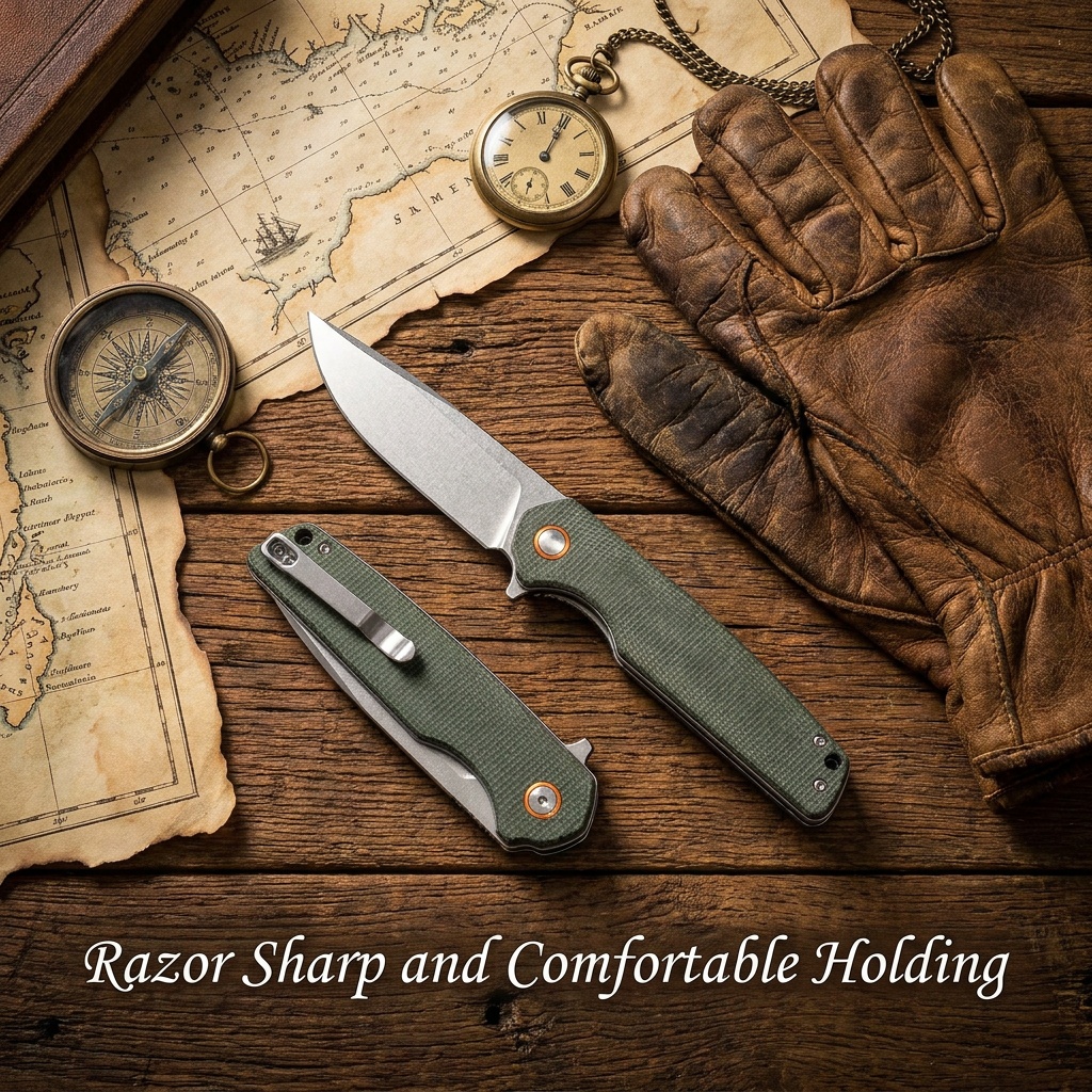 Tunafire Knives 3.54"D2 Steel Flipper Folding Knife Green Micarta Handle Tactical Survival Pocket Knife GT961