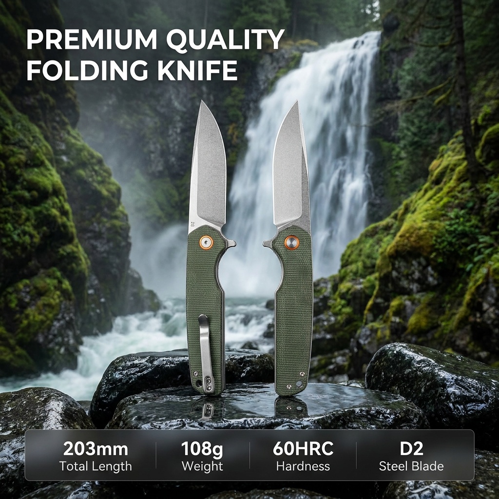 Tunafire Knives 3.54"D2 Steel Flipper Folding Knife Green Micarta Handle Tactical Survival Pocket Knife GT961
