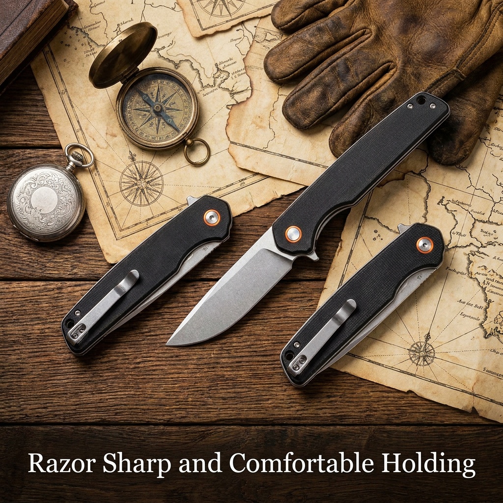 Tunafire Knives GT961 Pocket Folding Knife 3.54"D2 Steel Stone Wash Blade Micarta Handle EDC Knife For Tactical Camping Hiking
