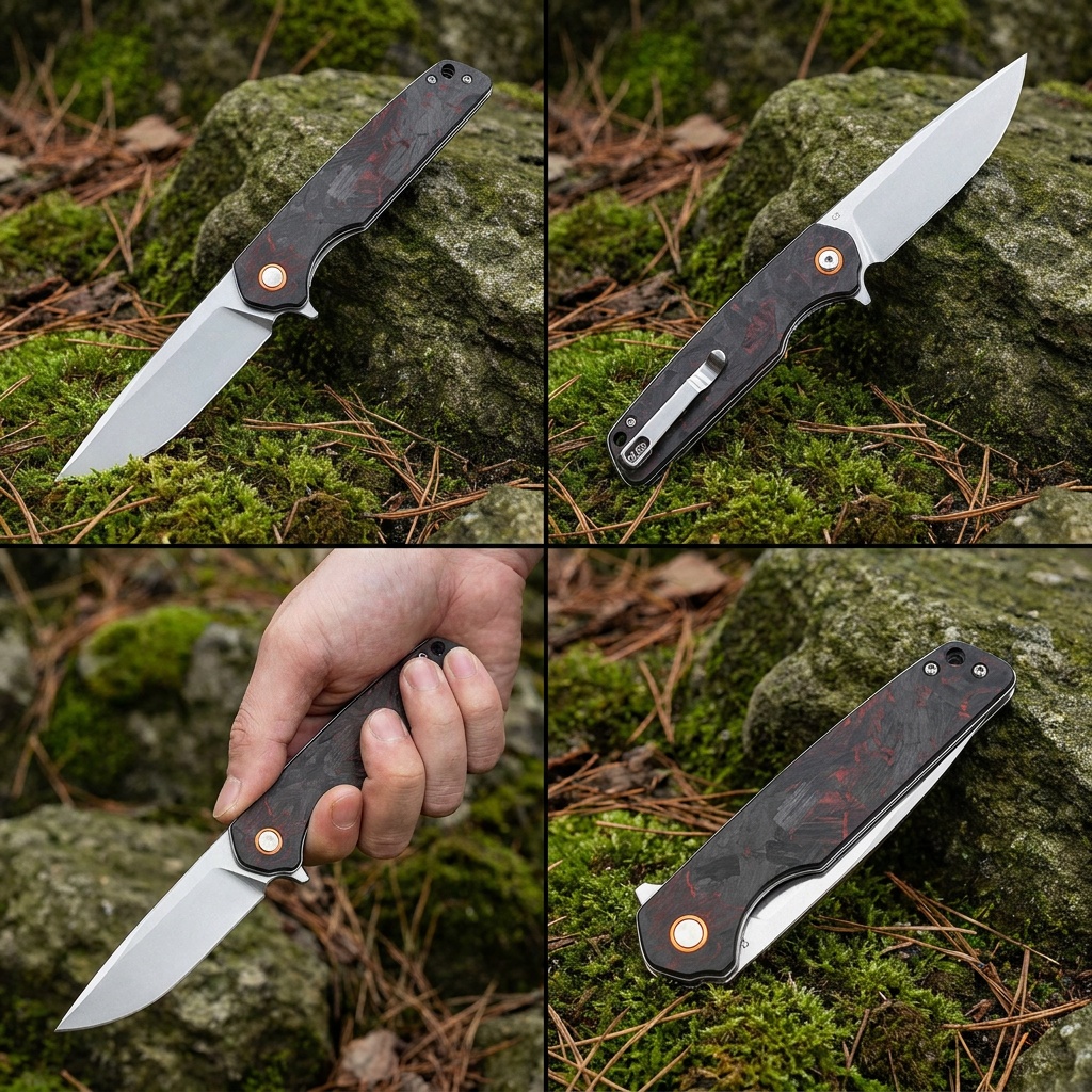 Tunafire Knife GT961 D2 Steel Folding Pocket Knife Red Carbon Fiber Handle Ball Bearing EDC Tactical Knife