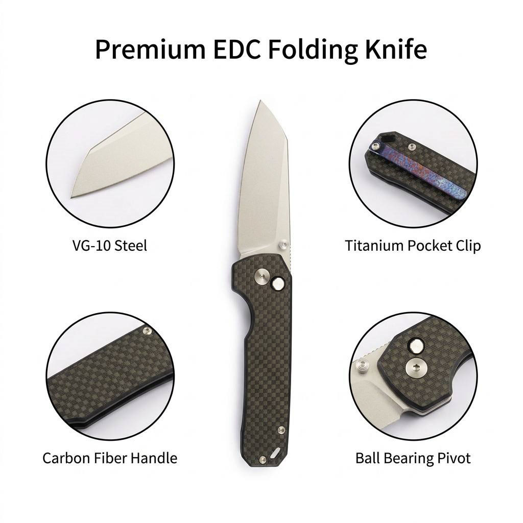 Tunafire knife GT-T0070-3  Folding EDC Knife |2.99" VG10 Blade, Carbon Fiber Handle, Ball Bearing, 81g Lightweight Stonewash Pocket Knife