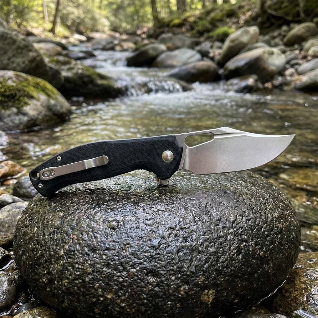 Tunafire Knife GT-T0050-1 Folding Pocket Knife 14C28N Stonewash Blade Ball Bearing Black G10 Handle EDC Outdoor Tactical Cutting Tool