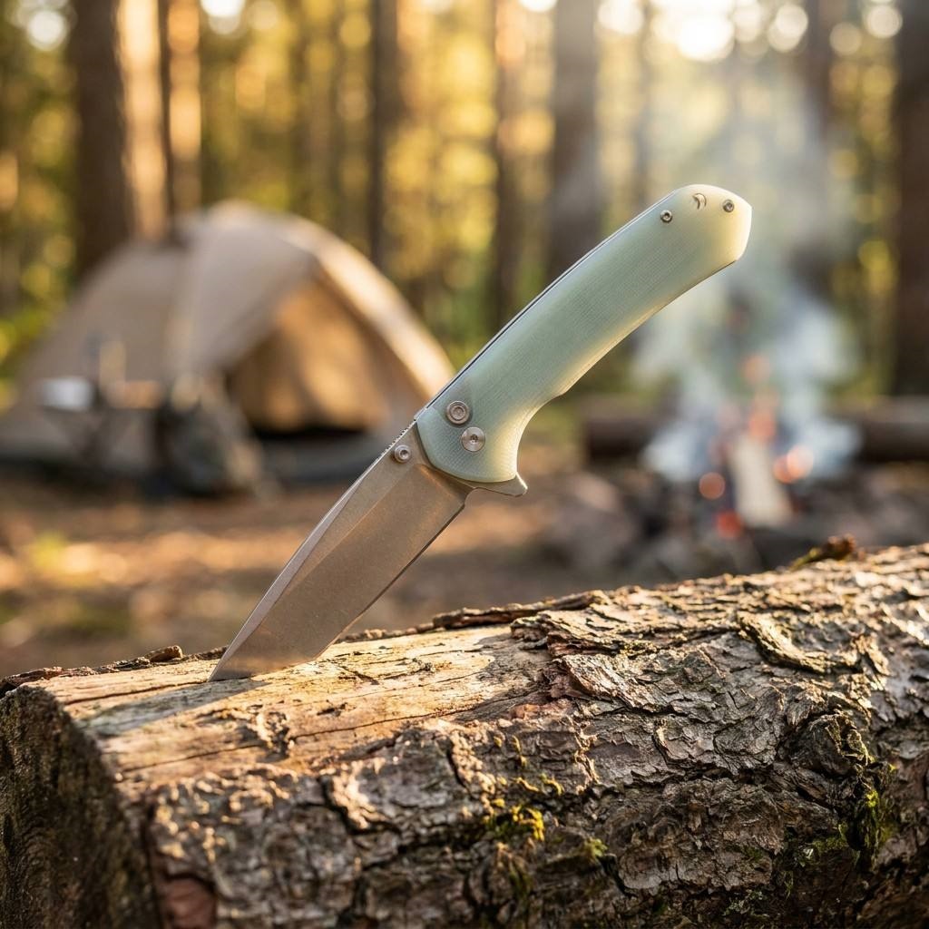 Tunafire knife GT-T0033 D2 Steel Button Lock Folding Pocket Knife, 58-59 HRC Stone Washed Blade, G10 Anti-Slip Handle EDC Utility Cutting Tool for Camping Hunting DIY Daily Carry