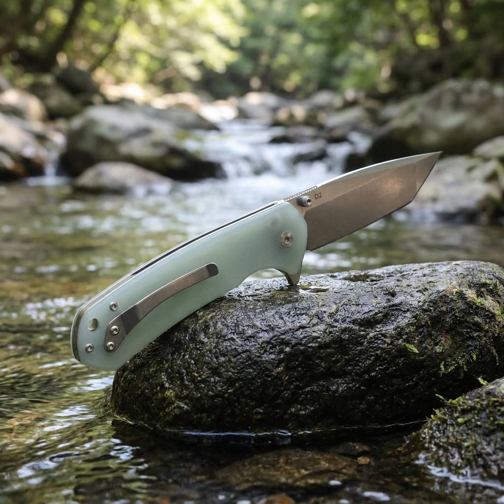 Tunafire knife GT-T0033 D2 Steel Button Lock Folding Pocket Knife, 58-59 HRC Stone Washed Blade, G10 Anti-Slip Handle EDC Utility Cutting Tool for Camping Hunting DIY Daily Carry