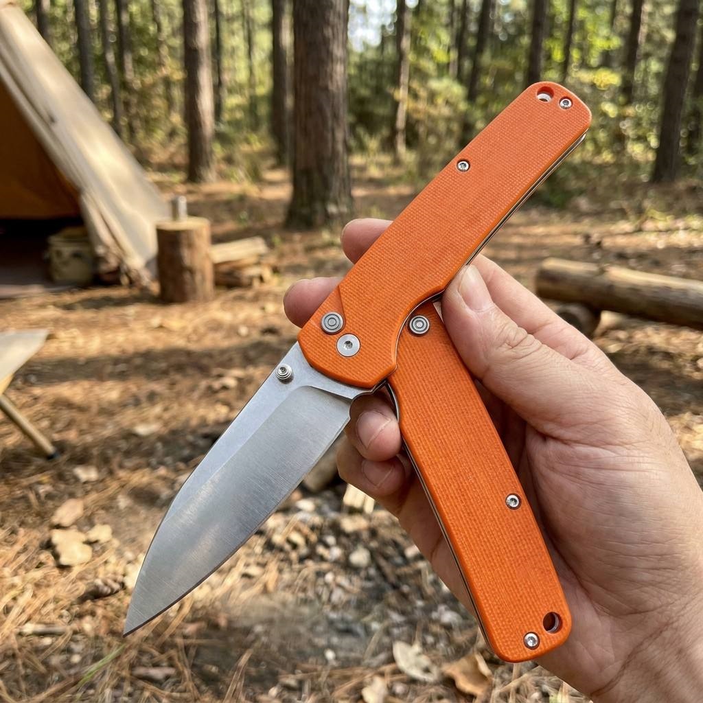 Tunafire Knife |GT-T0036 3.4" | D2 Stone washing Blade | G10 Orange Handle | Button Liner Lock | EDC Outdoor Knives