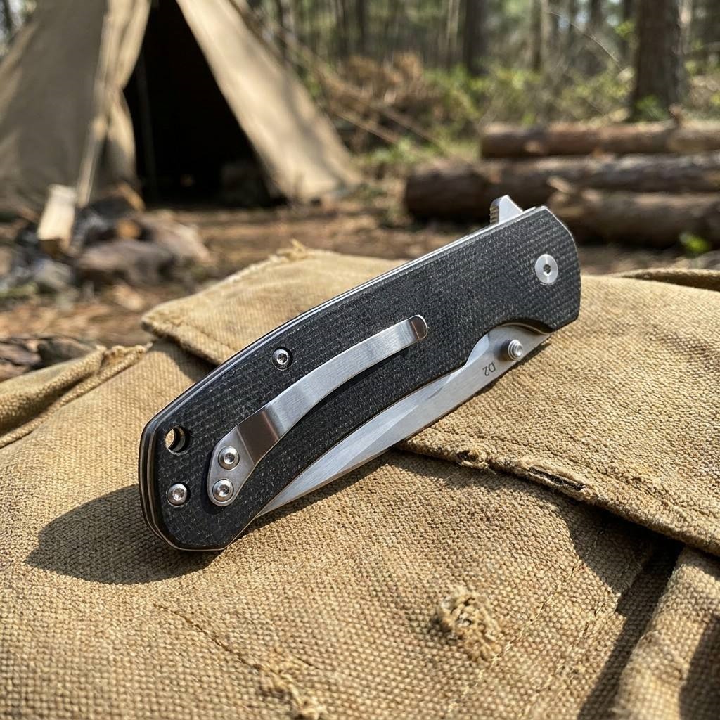 Tunafire Knife GT-T0037 Button Lock Folding Pocket Knife Micarta Black Handle 3.43&rdquo;D2 Steel EDC Cutting Tool Men Gift