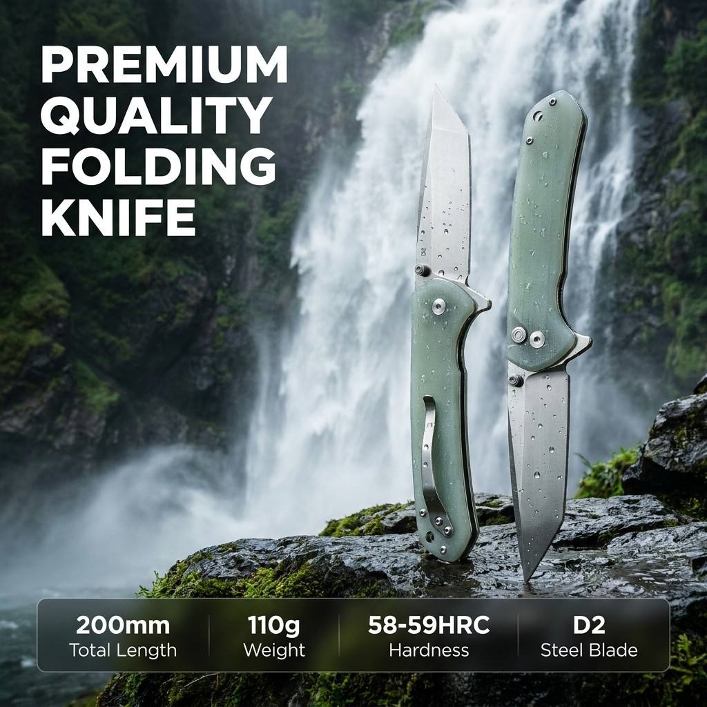 Tunafire knife GT-T0033 D2 Steel Button Lock Folding Pocket Knife, 58-59 HRC Stone Washed Blade, G10 Anti-Slip Handle EDC Utility Cutting Tool for Camping Hunting DIY Daily Carry