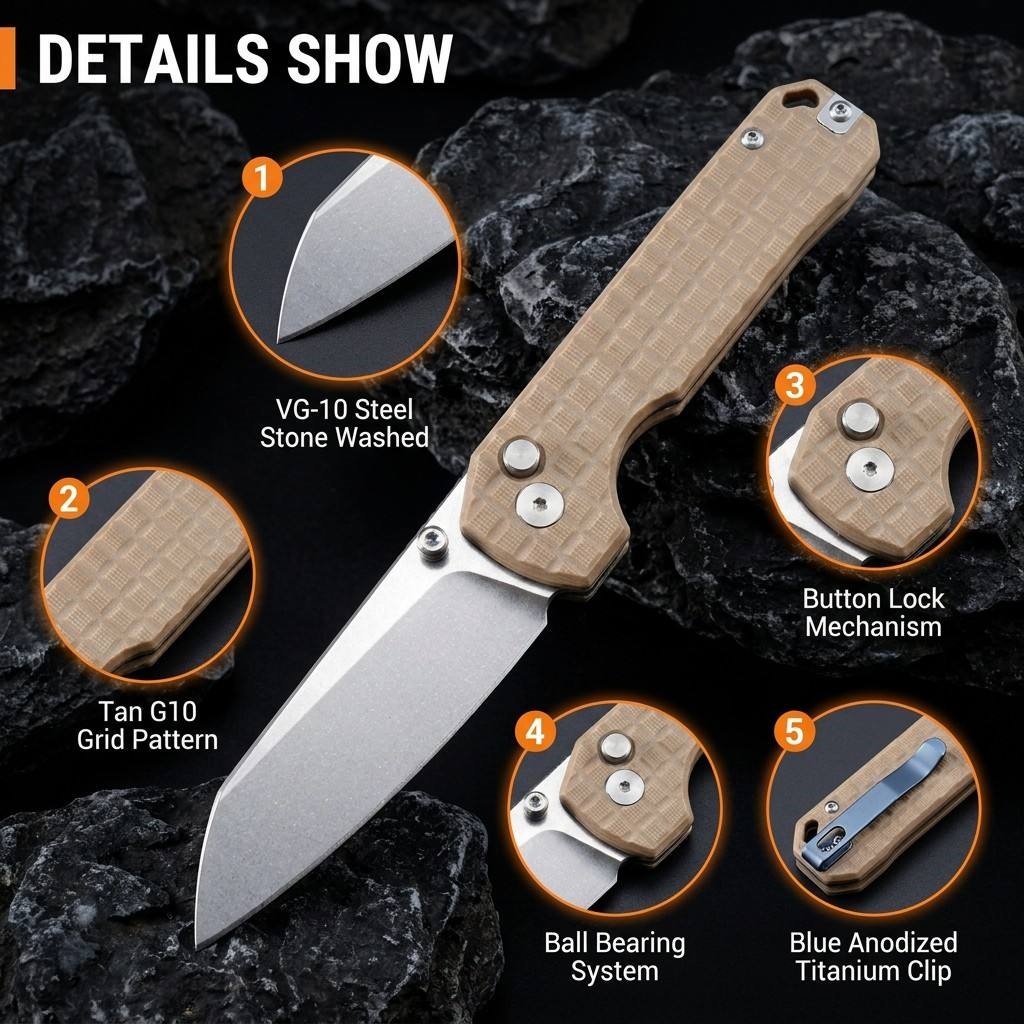 Tunafire knife GT-T0070-4 VG10 Blade Ball Bearing Quick Open Folding Knife Button lock G10 Handle Outdoor Survival Tool