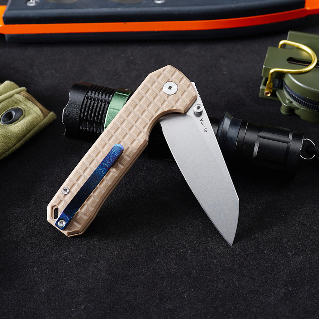 Tunafire knife GT-T0070-4 VG10 Blade Ball Bearing Quick Open Folding Knife Button lock G10 Handle Outdoor Survival Tool