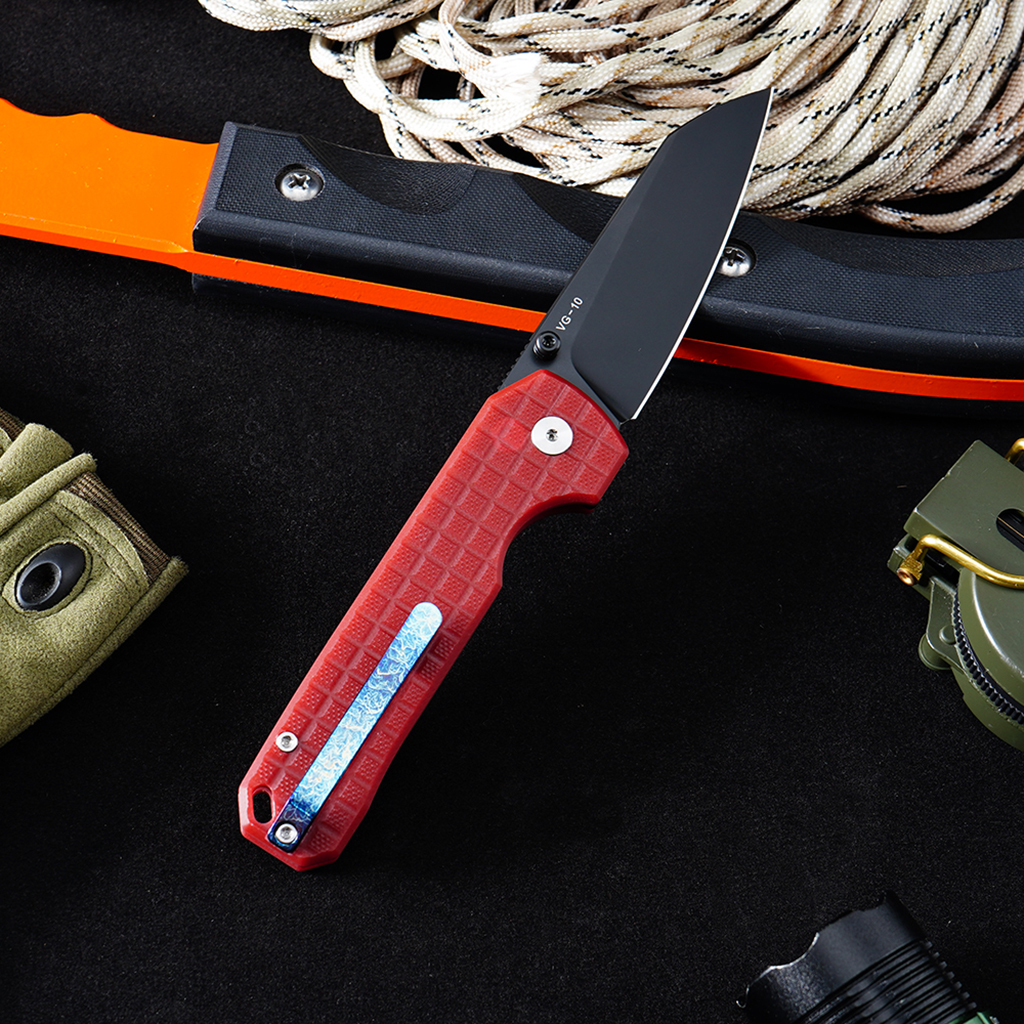 Tunafire knife GT-T0070-4 Titanium platin VG10 Blade Ball Bearing Folding Knife Button lock Red G10 Handle Outdoor Defense Tool