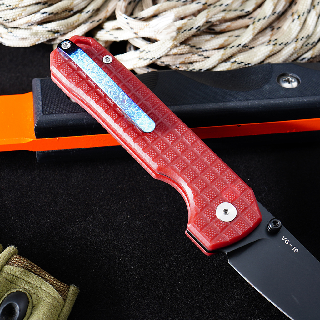Tunafire knife GT-T0070-4 Titanium platin VG10 Blade Ball Bearing Folding Knife Button lock Red G10 Handle Outdoor Defense Tool