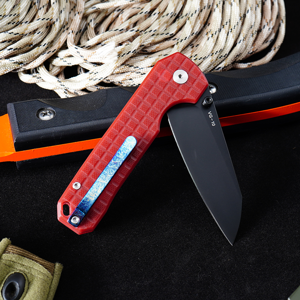 Tunafire knife GT-T0070-4 Titanium platin VG10 Blade Ball Bearing Folding Knife Button lock Red G10 Handle Outdoor Defense Tool