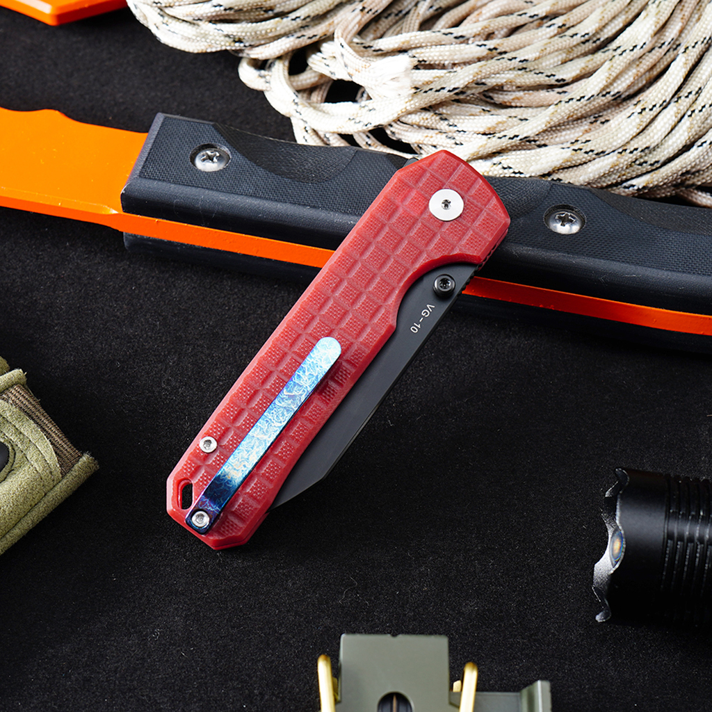 Tunafire knife GT-T0070-4 Titanium platin VG10 Blade Ball Bearing Folding Knife Button lock Red G10 Handle Outdoor Defense Tool