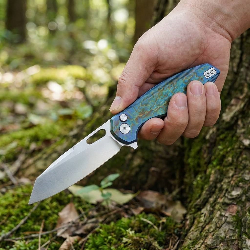 Tunafire knife GT-T0044-5 VG-10 Steel Pocket Folding Knife Blue Titanium Alloy Handle Button Lock EDC Carry Knife