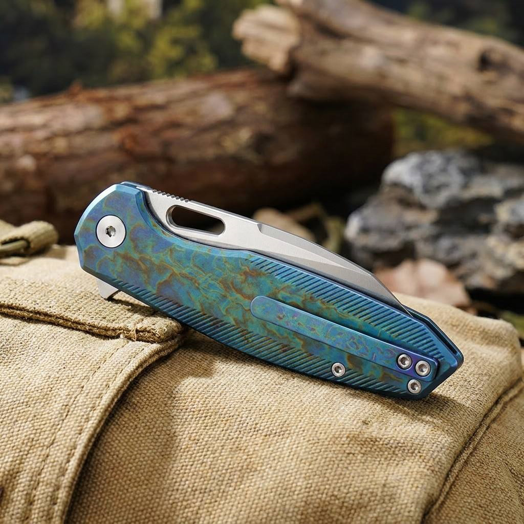 Tunafire knife GT-T0044-5 VG-10 Steel Pocket Folding Knife Blue Titanium Alloy Handle Button Lock EDC Carry Knife
