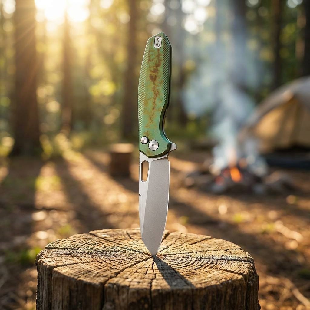 Tunafire Knife 3.39 "VG10 Blade Button Lock Titanium Alloy Burning Green Handle Tactical Survival Pocket Knife  GT-T0044-5