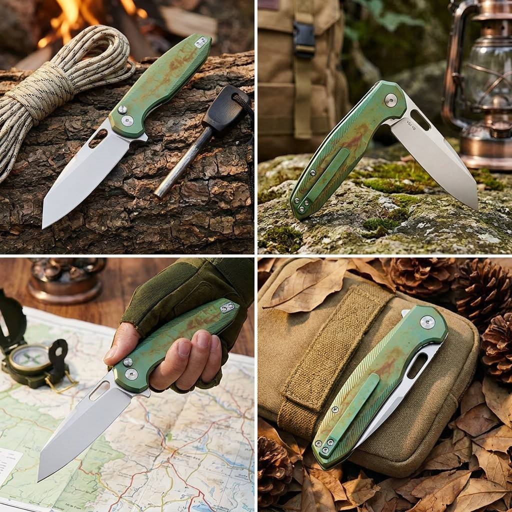 Tunafire Knife 3.39 "VG10 Blade Button Lock Titanium Alloy Burning Green Handle Tactical Survival Pocket Knife  GT-T0044-5