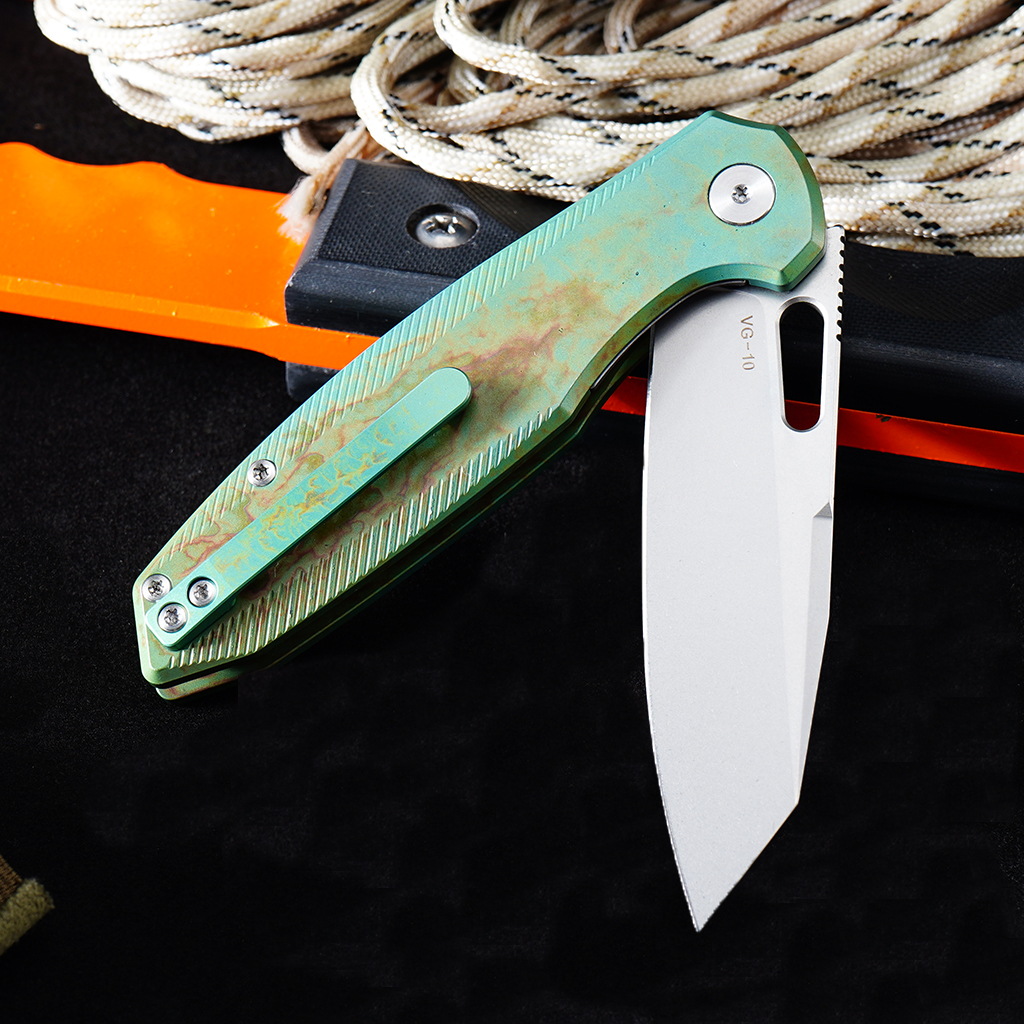 Tunafire Knife 3.39 "VG10 Blade Button Lock Titanium Alloy Burning Green Handle Tactical Survival Pocket Knife  GT-T0044-5