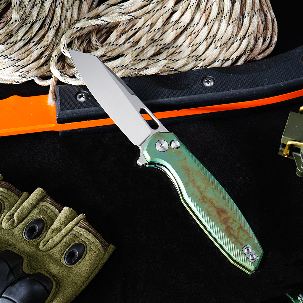 Tunafire Knife 3.39 "VG10 Blade Button Lock Titanium Alloy Burning Green Handle Tactical Survival Pocket Knife  GT-T0044-5