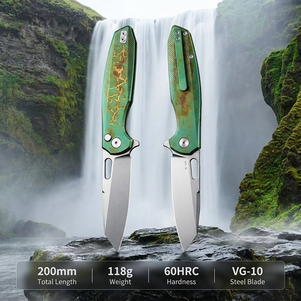Tunafire Knife 3.39 "VG10 Blade Button Lock Titanium Alloy Burning Green Handle Tactical Survival Pocket Knife  GT-T0044-5