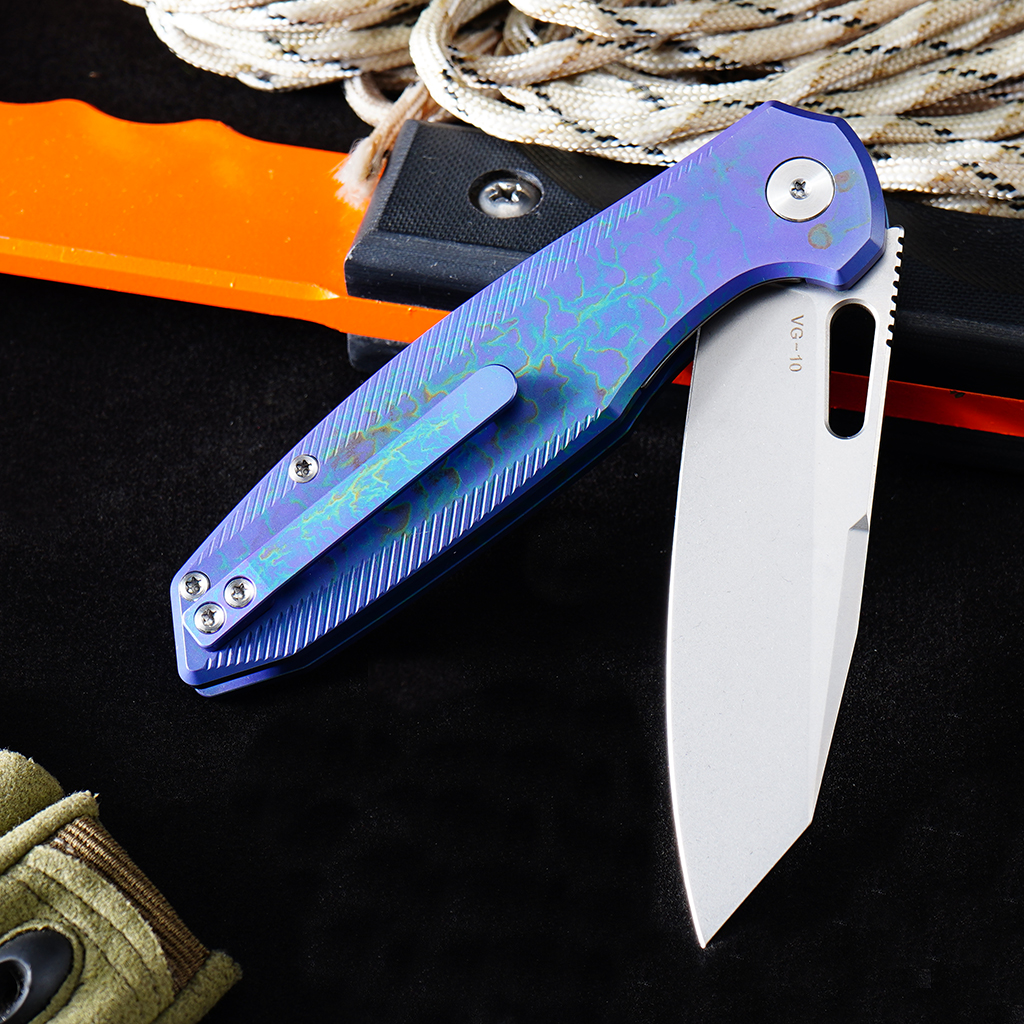 Tunafire Knife GT-T0044-5 |3.39 "|VG10 Blade| Button Lock| Titanium Alloy Burning purple  Handle  |TUNAFIRE KNVES
