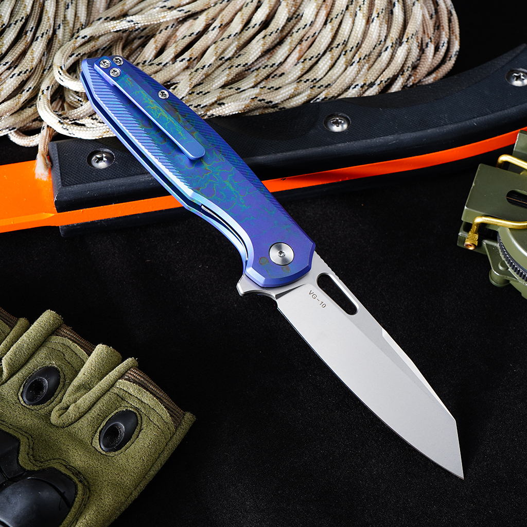 Tunafire Knife GT-T0044-5 |3.39 "|VG10 Blade| Button Lock| Titanium Alloy Burning purple  Handle  |TUNAFIRE KNVES