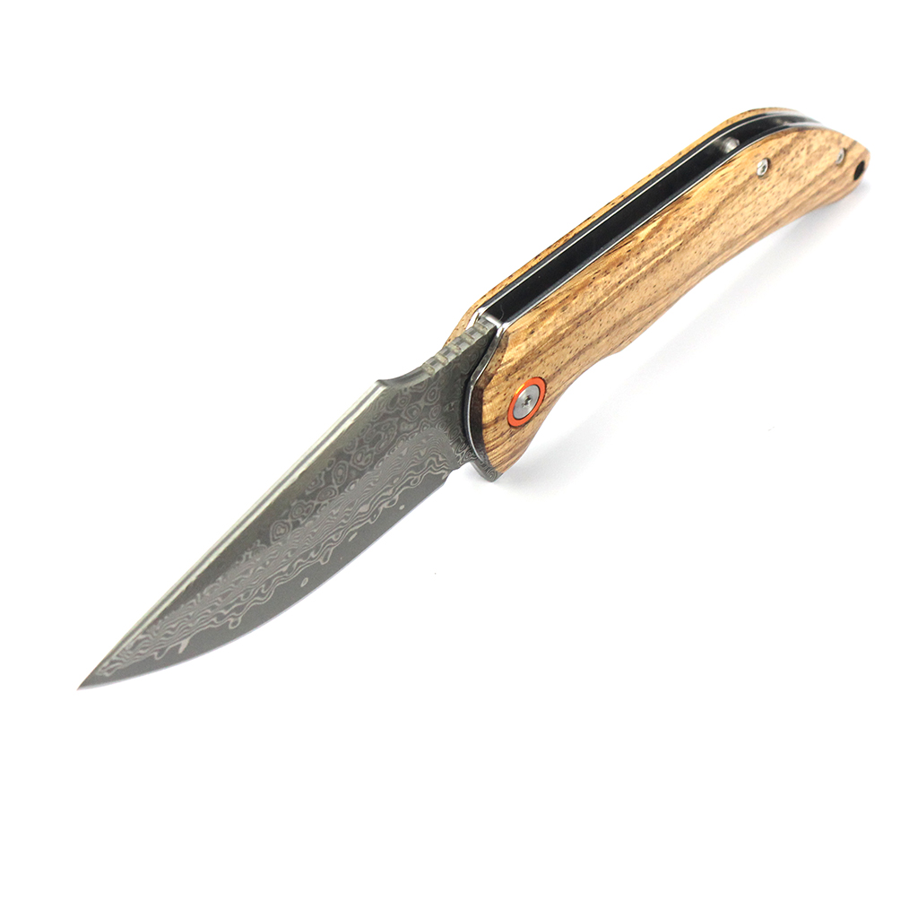 Tunafire GT-DM019 Damascus Steel Camping Folding Knife Ball Bearing Smooth Open Zebra Wood Handle Outdoor Survival Knife