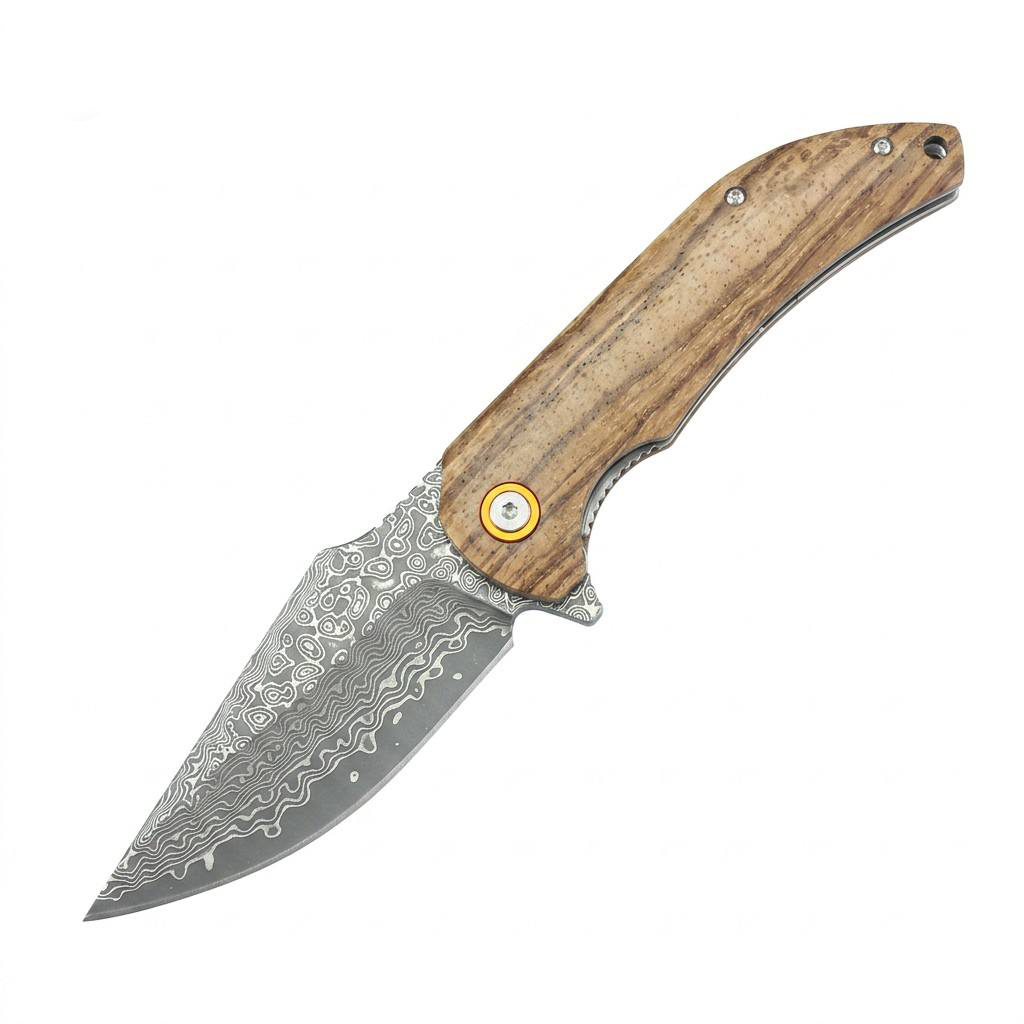 Tunafire GT-DM019 Damascus Steel Camping Folding Knife Ball Bearing Smooth Open Zebra Wood Handle Outdoor Survival Knife