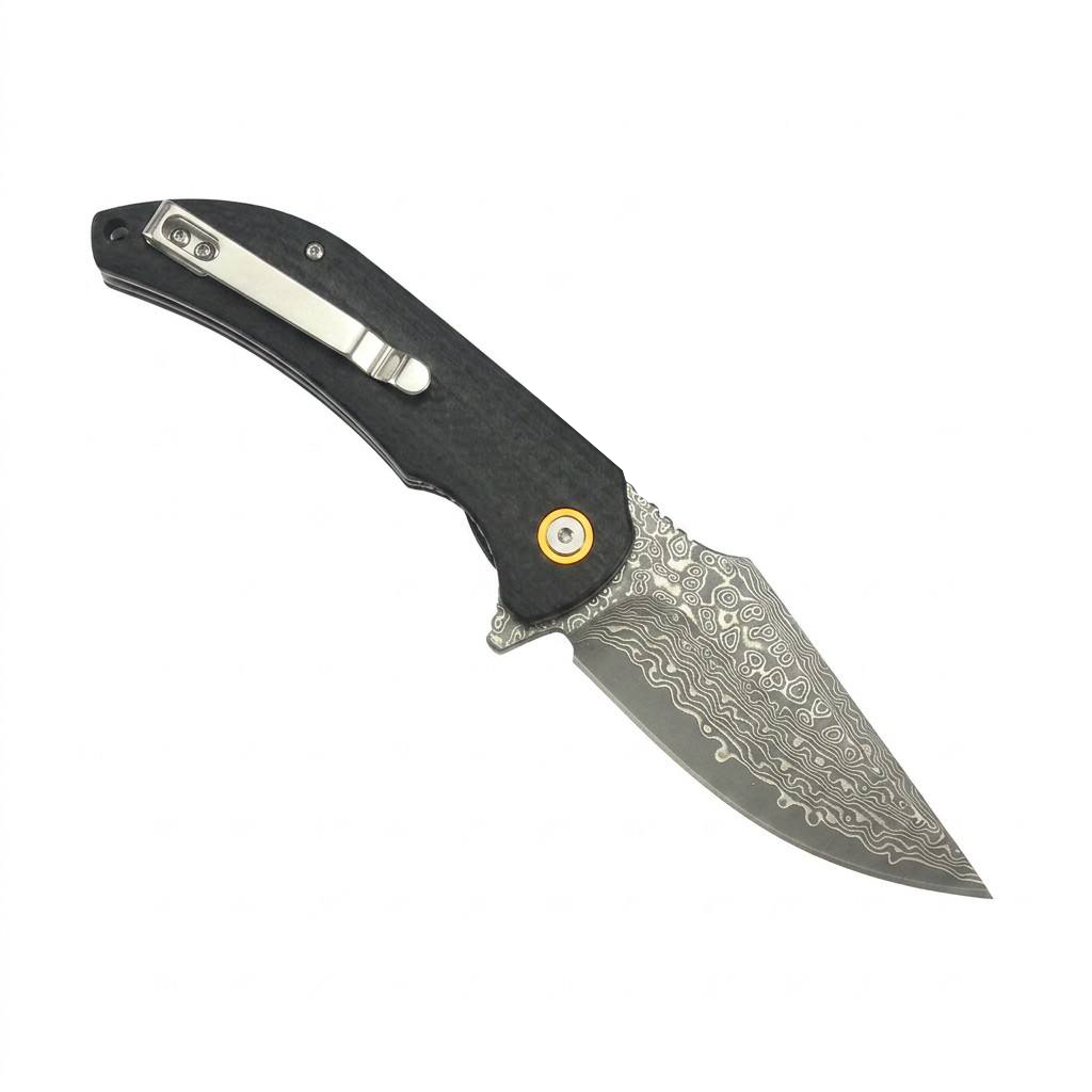 Tunafire Knife GT-DM019 Ball Bearing Damascus Flipper Knife Black Carbon Fiber G10 Handle Portable EDC Utility Knife