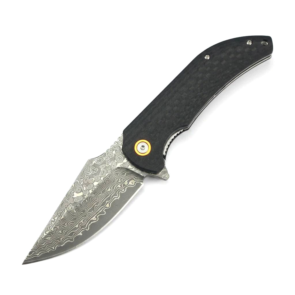 Tunafire Knife GT-DM019 Ball Bearing Damascus Flipper Knife Black Carbon Fiber G10 Handle Portable EDC Utility Knife