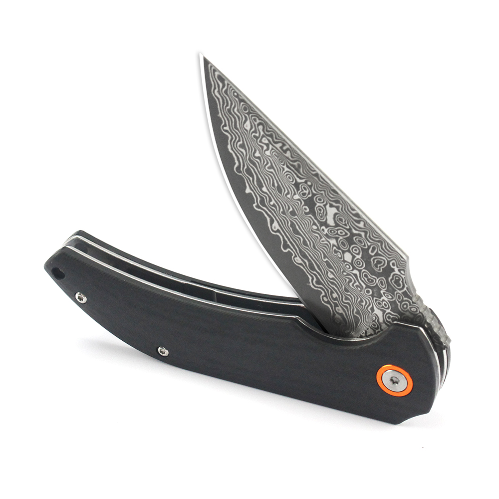 Tunafire Knife GT-DM019 Ball Bearing Damascus Flipper Knife Black Carbon Fiber G10 Handle Portable EDC Utility Knife