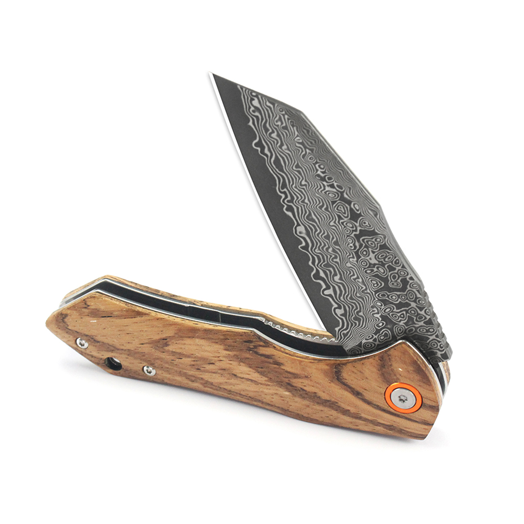 Tunafire Knife  GT-DM020 Damascus Steel Survival Folding Knife Zebra Wood Handle Ball Bearing Outdoor Hiking Camping Bushcraft Pocket Knife