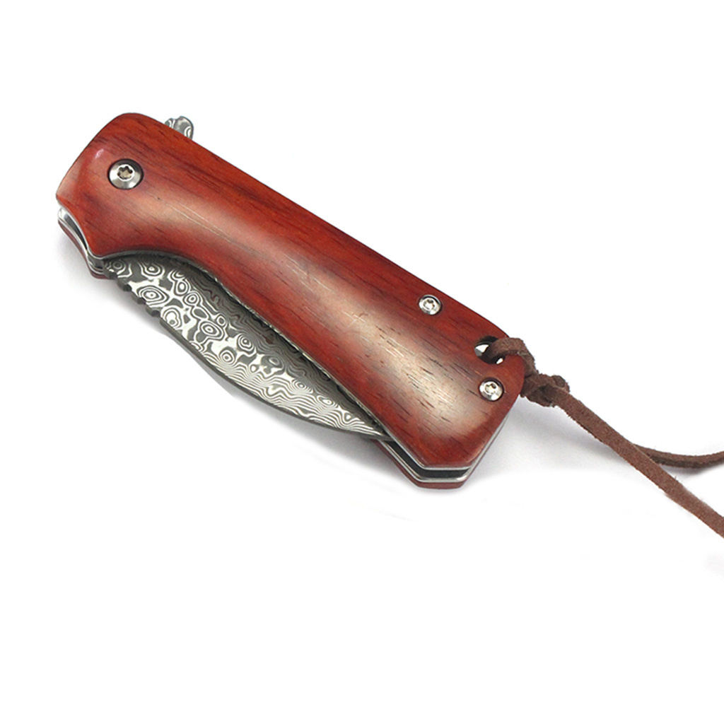 Tunafire GT-DM022 Damascus Steel Folding Knife Ebony Wood Handle Ball Bearing 59-60HRC Mini EDC Pocket Knife