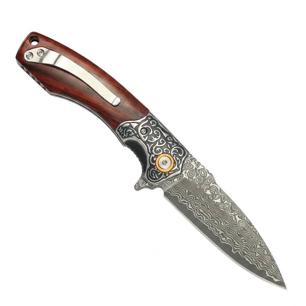 Tunafire GT-DM023 Damascus Steel Folding Pocket Knife Natural Rosewood Handle Ball Bearing Smooth Open EDC Knife
