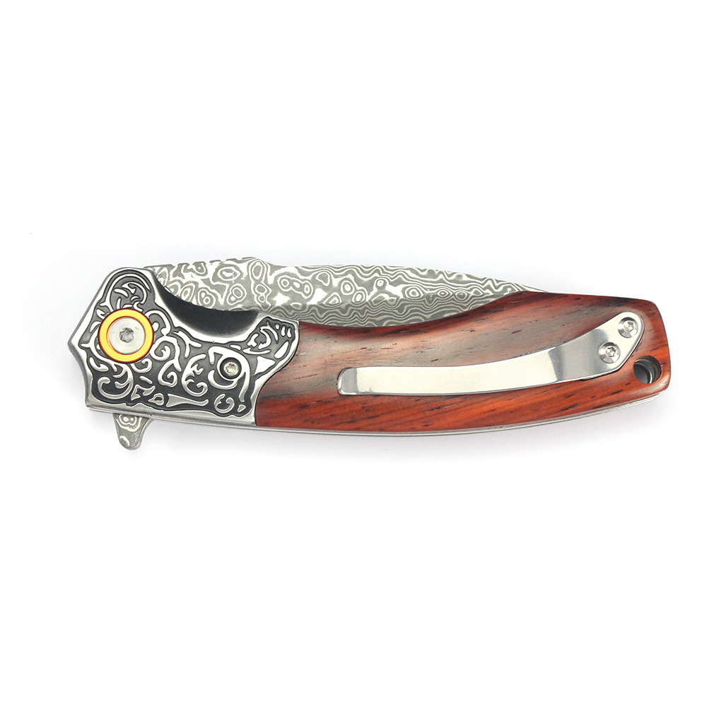 Tunafire GT-DM023 Damascus Steel Folding Pocket Knife Natural Rosewood Handle Ball Bearing Smooth Open EDC Knife