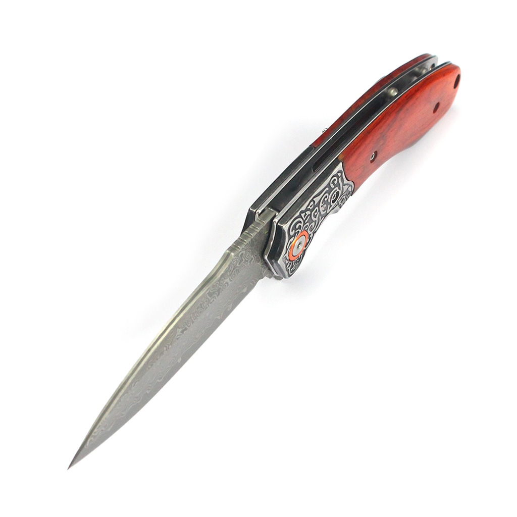 Tunafire GT-DM023 Damascus Steel Folding Pocket Knife Natural Rosewood Handle Ball Bearing Smooth Open EDC Knife