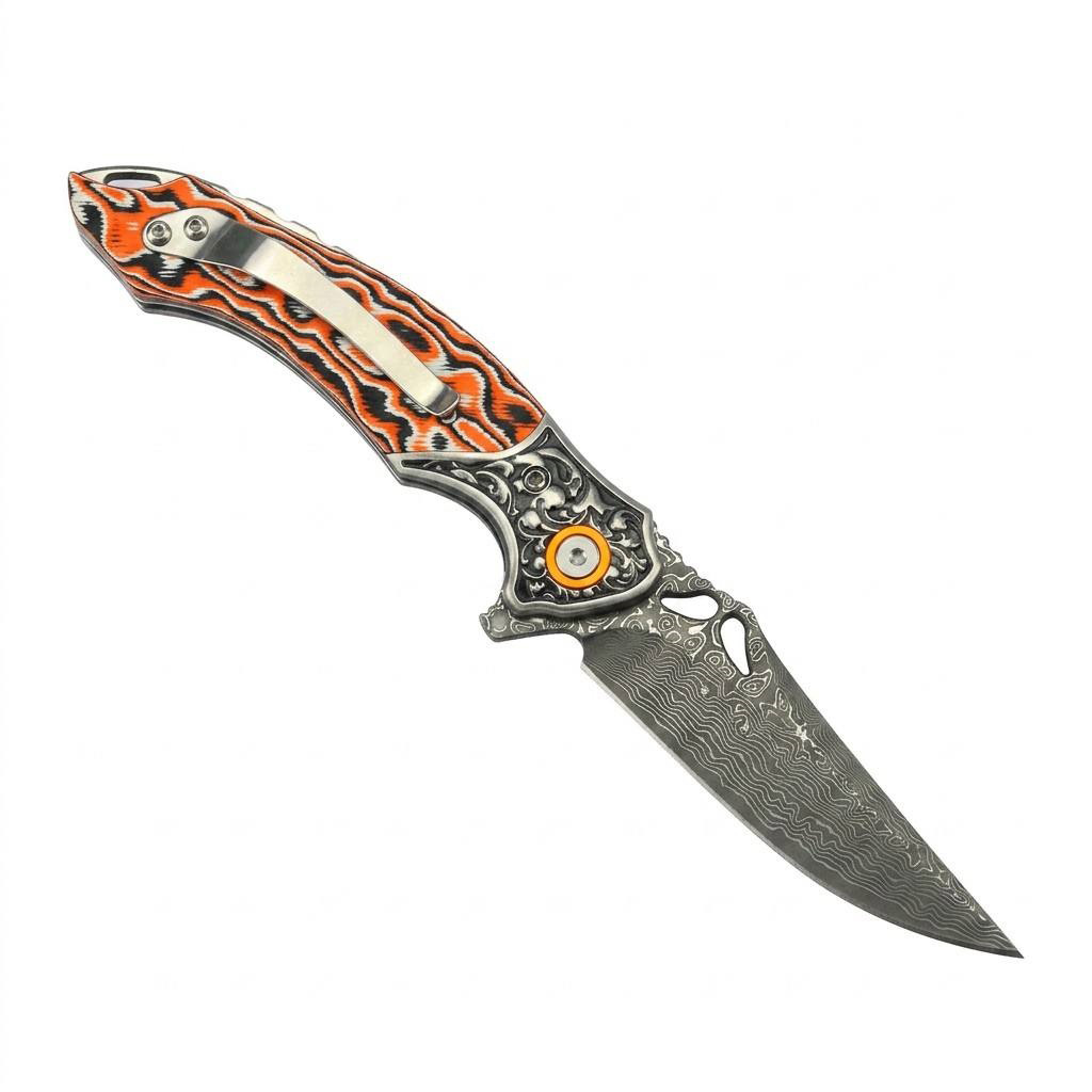 Tunafire GT-DM024 Flipper Folding Knife 3.27" Damascus steel Blade Orang white fiber Handle Survival Camping Pocket Knife