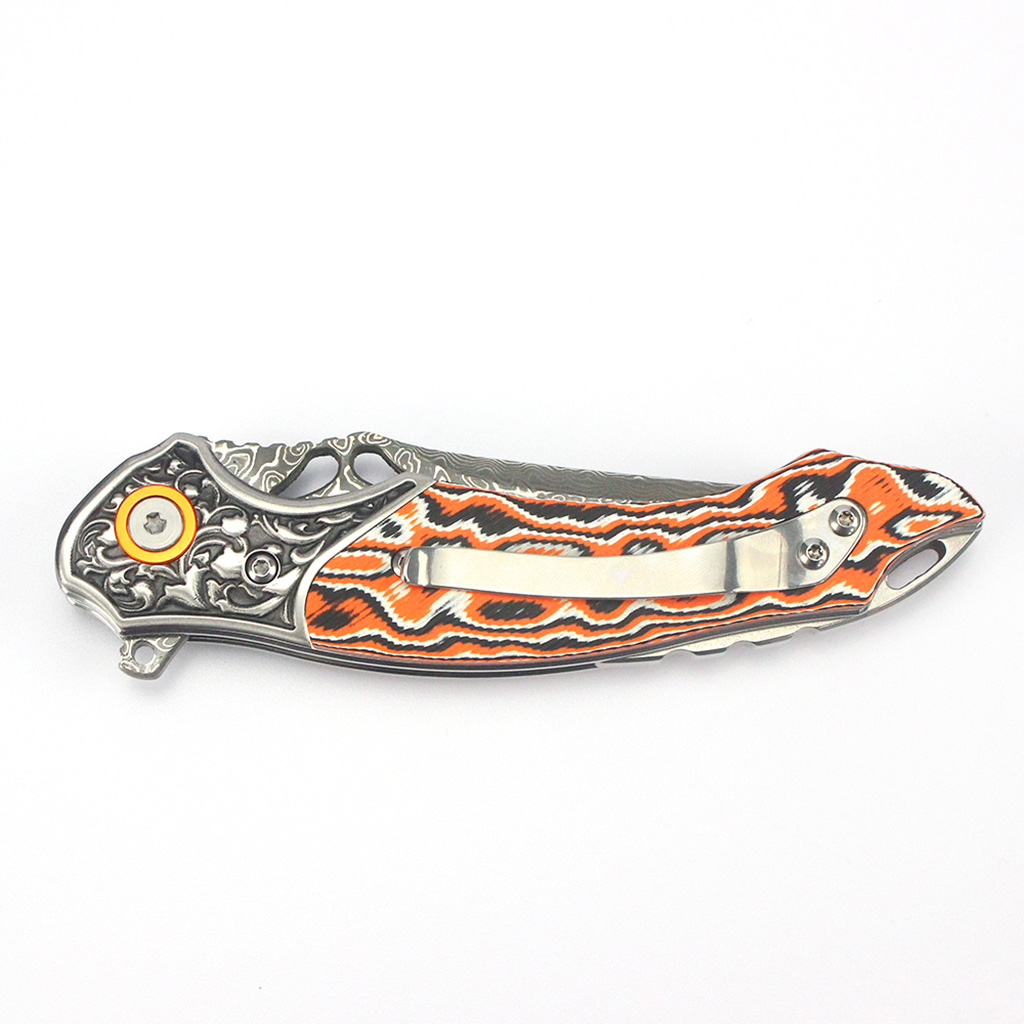 Tunafire GT-DM024 Flipper Folding Knife 3.27" Damascus steel Blade Orang white fiber Handle Survival Camping Pocket Knife